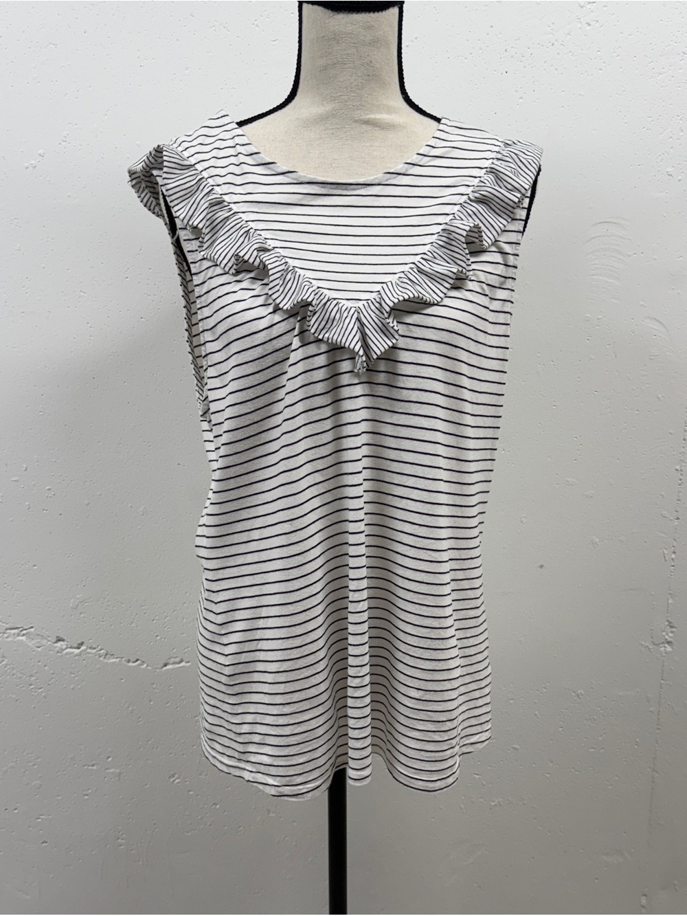 Maeve Striped Ruffle Neck Sleeveless Top - White & Black